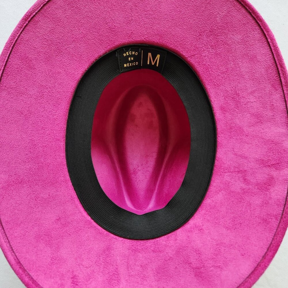 Fuschia Pink Suede Wide-Brim Rancher Fedora Hat Festival Boho Rodeo Western - Picture 4 of 7